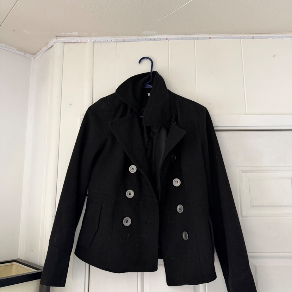 Stylish BONGO Elegant Black Double-Breasted winter spring sophisticated Pea Coat - Picture 2 of 4